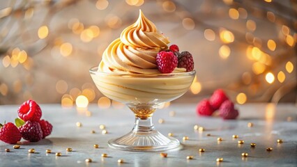 Delightful Creamy Frozen Dessert with Sweet Berries in a Glass Bowl, Festive Background