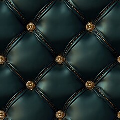 Luxurious dark navy green tufted leather background with ornate golden flower-shaped buttons and seamless stitching, perfect for upscale design.