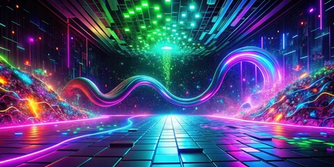 Abstract Neon Pathway Through Vibrant Cosmic Landscape Featuring Illuminated Glittering Terrain and Futuristic Architecture