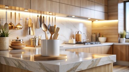 Modern Kitchen Utensil Holder on Marble Countertop with Warm Lighting