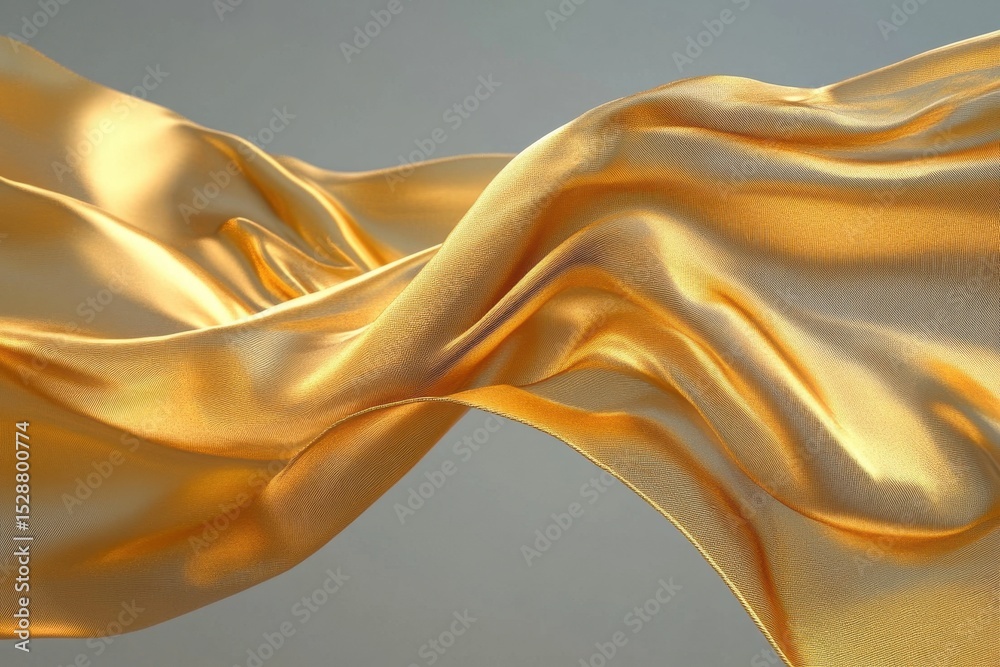 Poster gold scarf fabric fluttering gracefully in the wind with a smooth texture in a digital rendition, go