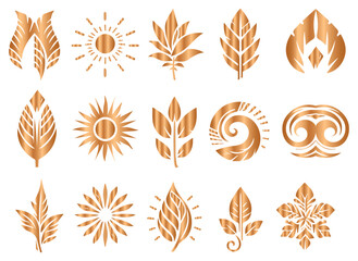 vector set of gold laurel wreaths with modern collection of abstract summer leaves for stylish, vibrant projects