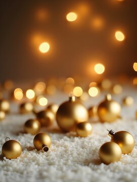 Golden Christmas Ornaments on Fluffy Surface with Bokeh Lights Backdrop