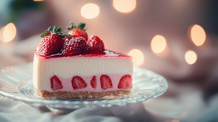 A delectable slice of strawberry cheesecake, adorned with fresh strawberries and a glossy glaze, sits on a clear glass cake stand against a softly blurred background of warm lights