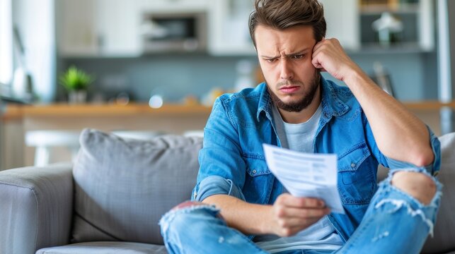 Stressed man with leg injury reviews medical bill for orthopedic care after an accident