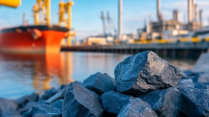Rock pile near ship cargo at industrial harbor