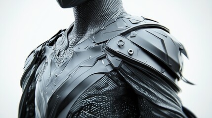 Close-up of a grayscale digital rendering depicting a futuristic, armored figure's torso and shoulders, showcasing intricate detailing and a blend of sleek and rugged textures