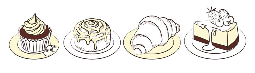 Vector illustration of assorted desserts including a cupcake, cinnamon roll, croissant, and cheesecake on plates. Perfect for use in culinary and bakery-themed designs.