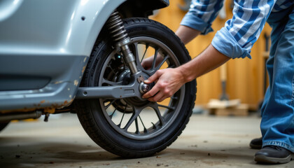 Person is working on vehicle wheel, adjusting components in garage setting. focus is on mechanical details and hands engaged in task, showcasing hands on approach to vehicle maintenance