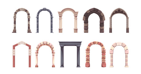 Stone arches of castles. Ancient medieval gates, architecture elements, antique column, games graphic resources marble and brick doorway, cathedral entrance tidy vector cartoon flat isolated set