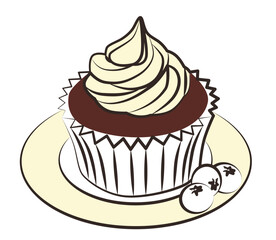Vector illustration of a cupcake with rich chocolate base and whipped topping, elegantly placed on a plate with fresh blueberries nearby. Ideal for bakery and dessert visuals.