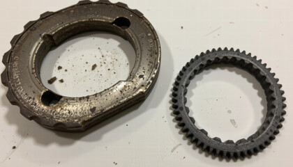 Close up view of metallic gear and circular metal component, showcasing their intricate designs and textures. gear features toothed edge, while metal piece has smooth surface with some wear