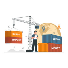 Global Import Export Logistics Container Shipping Concept with Crane and World Map Vector Illustration