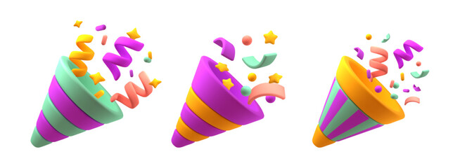3d confetti popper. Colorful firecrackers, flying paper particles, stars, serpentine, cartoon volumed style, party time colorful explosion, celebration, isolated glossy render classy vector set