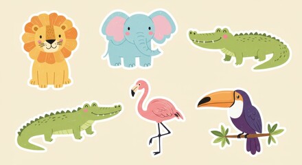 Obraz premium Cute Cartoon Safari Animals Sticker Set