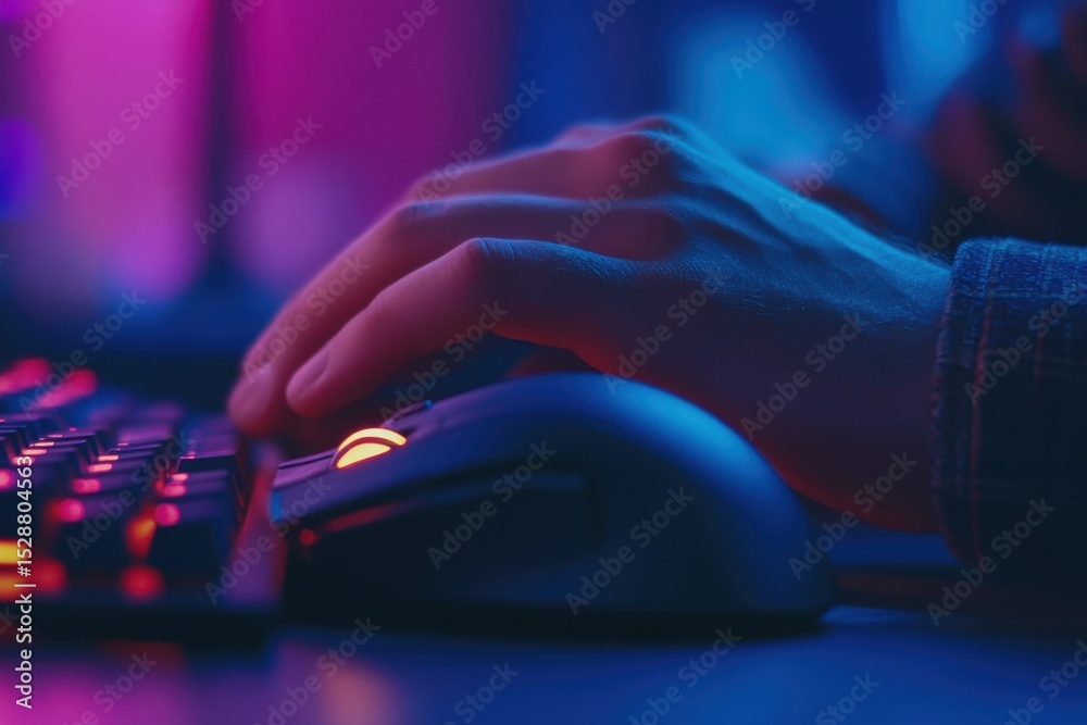 Poster person using computer mouse in a dimly lit workspace with colorful lights during evening hours, pers