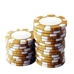 Stacks of golden and white casino poker chips isolated on white background
