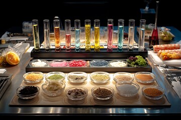 Brightly lit food development table with labeled test tubes, powders, extracts, and fresh elements, sterile and creative workspace