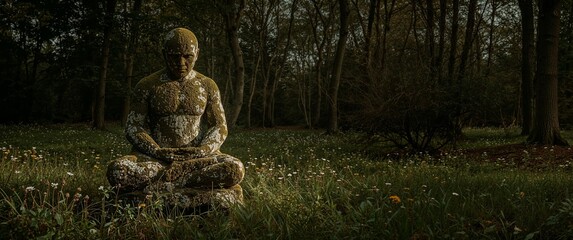 Moss Covered Buddha Statue in Forest Meadow, Contemplation and Natures Embrace.