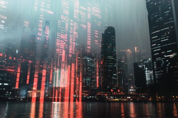 Financial data analysis over a modern cityscape illuminated by neon lights at night, financial data processing over cityscape