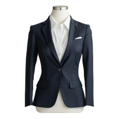 Sophisticated Navy Blue Women's Business Suit Displayed on a Mannequin