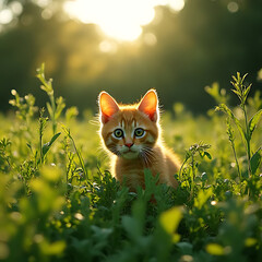 Dark green, There is an orange kitten in the field::2 Lush weeds, Lush trees, Rural wilderness, Summer vibes, serene vibe