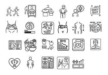 Weight loss transformation concept shown with fitness, diet, and progress icons for motivation