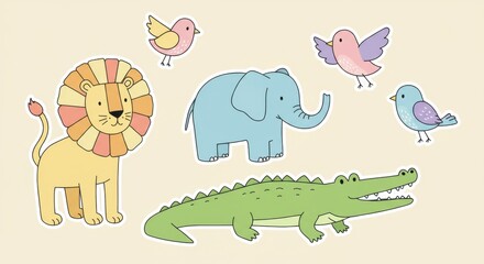 Obraz premium Cute Cartoon Safari and Jungle Animal Stickers Collection