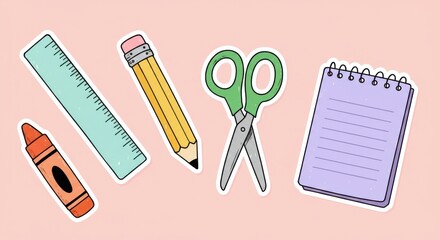 Cute Hand Drawn School Supplies Illustrations on Pink Background