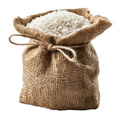 A burlap sack filled with white rice grains, tied with a rustic string, showcasing a natural, textured container brimming with polished rice. Png, Transparent background.