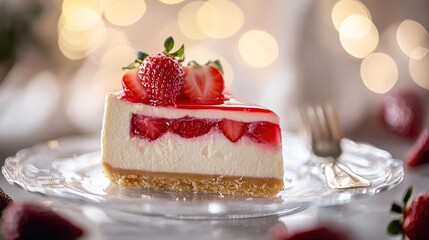 A delectable slice of creamy cheesecake, adorned with fresh strawberries and a glistening strawberry glaze, sits on a clear glass plate against a softly blurred, warm-toned background