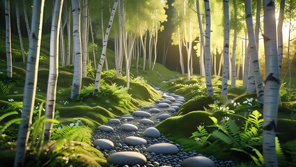 Sunlit Green Brown Forest Trail Mossy Pebble Background for Earth Day Posters Hiking Blogs Wellness Apps Desktop Mobile Canva Photoshop