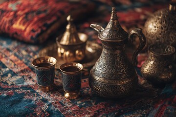 Middle Eastern coffee ritual with ornate dallah coffee pot and small cups, patterned carpet background, cultural richness and soft lighting