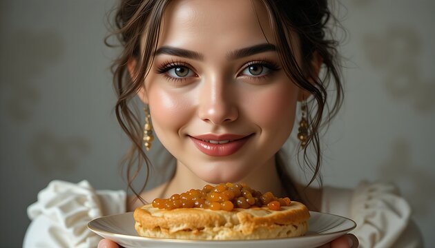  An advertising photograph shows a close-up of the face of a smiling elegant Russian couture female model with a blini with caviar in table, in front of her, her hands invisible. She displays the blin