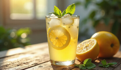 Refreshing Iced Lemon Drink on a Rustic Wooden Table