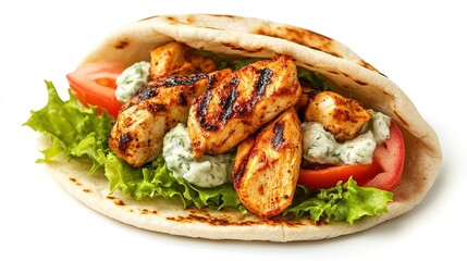 Grilled chicken pita pocket sandwich filled with lettuce, tomato, and creamy sauce