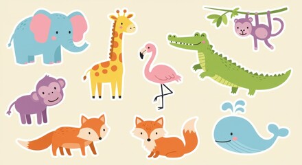Cute Cartoon Animal Sticker Illustrations Set