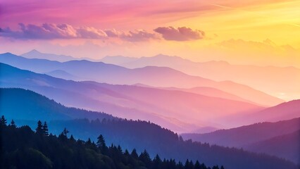 Fototapeta premium Serene sunset over layered mountains and forests scenic landscape