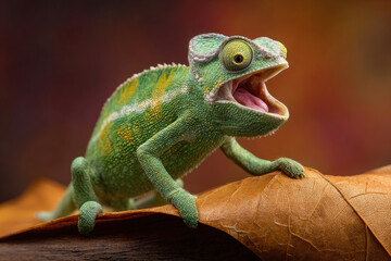 Green Chameleon with Open Mouth on Leaf Showing Pink Tongue and Yellow Eyes