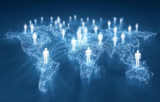 A social network concept with glowing people icons connected by lines on a blue background world map.