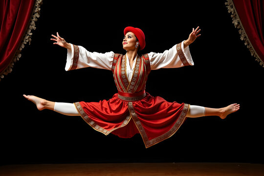 Exquisite Georgian Dancer Mid-Air, A Captivating Display of Traditional Grace and Cultural Heritage in Stunning Red Costume