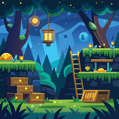 Enchanted Forest Game Level Design with Ladder Treasure and Glowing Lantern