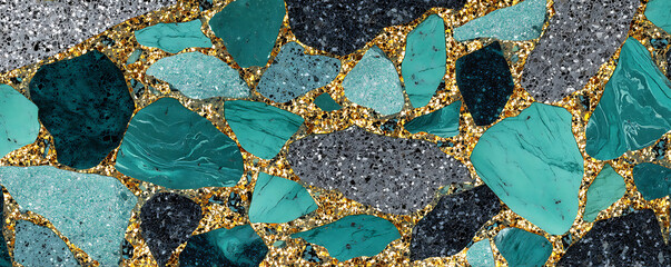  Abstract terrazzo surface featuring vibrant yellow orange white black pink and gray stone fragments in a cement background with speckled and marbled textures