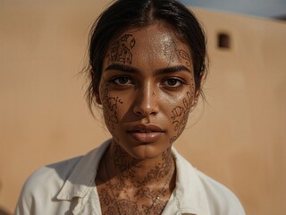 Portrait of a Woman with Face and Neck Designs, Expressing Culture and Individuality.