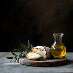 Obraz premium Artisan bread and olive oil setup, dark moody background