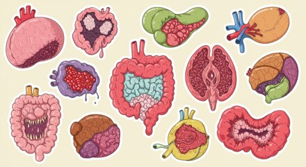 Cartoon Human Organs Sticker Set - Anatomy and Pathology Illustration