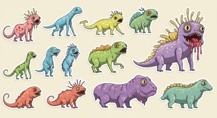 Obraz premium Colorful Cartoon Monster and Dinosaur Sticker Collection