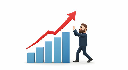 Businessman pushing upward trending bar graph achieving success growth progress
