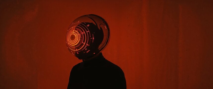 Cyberpunk Silhouette. Person in Futuristic Helmet with Glowing Orange HUD Display.