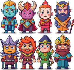 Collection of Eight Cartoon Fantasy Characters with Unique Designs and Color Schemes